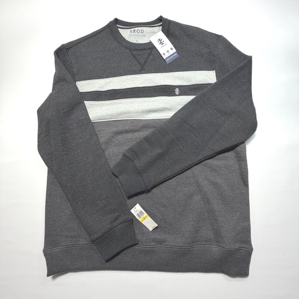 IZOD Advantage Crewneck Sweatshirt Mens M Black Gray Stripe Pullover NWT
